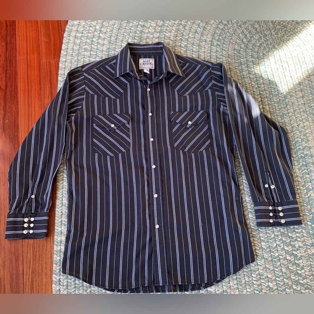 Vintage Ash Creek Black & White Striped Western Shirt Size Medium